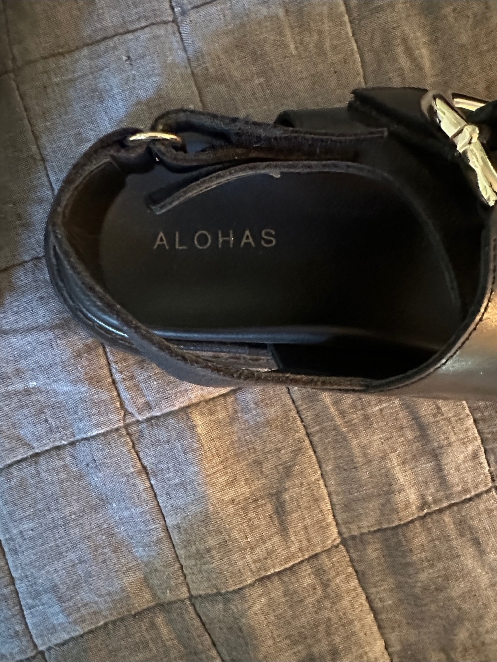 ALOHAS Black Leather Kids Double-Buckle Sandals with Gold Buckles - Picture 2 of 5